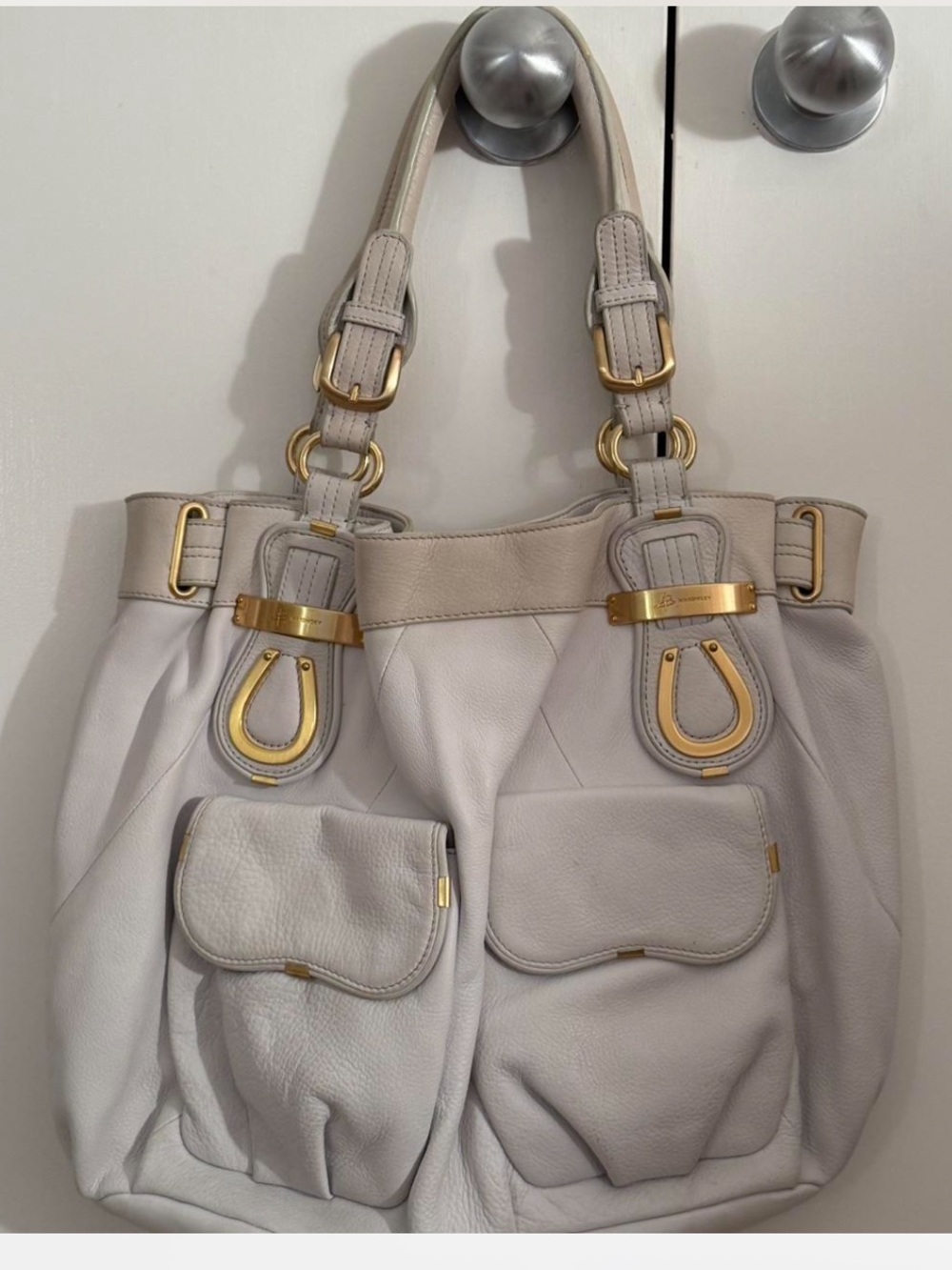 b. makowsky Ivory and Beige Leather Shoulder Bag with Gold Hardware